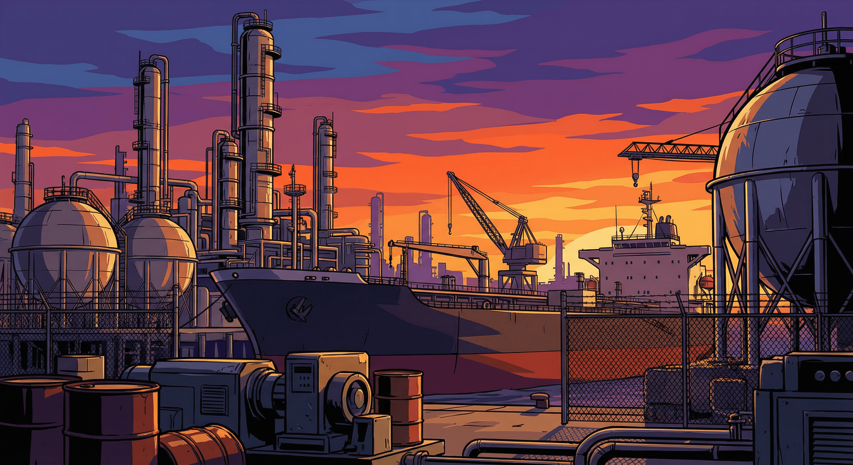 Petrol refinery and tanker at sunset